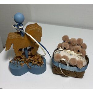 Handcrafted Wooden Horse & Basket With Bears Poodles Table Decor Dollhouse
